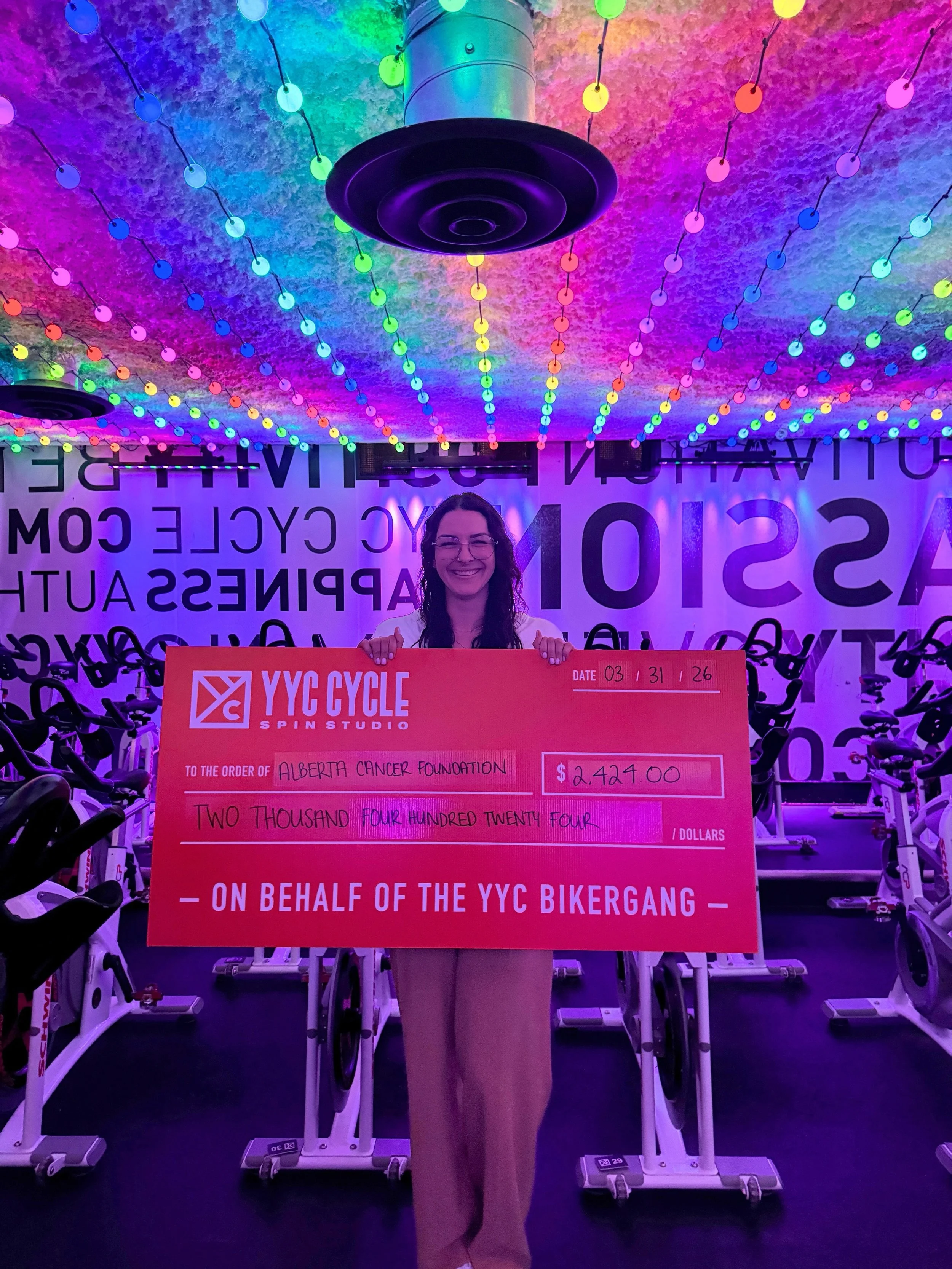 We rode with purpose 🚲💛 $2,424 raised for @albertacancer and our hearts are FULL. Thank you for showing up and giving back 🧡⁠
⁠
Every Friday 6PM, half-priced drop-in and all proceeds go towards our quarterly GIVE&rsquo;R charity.