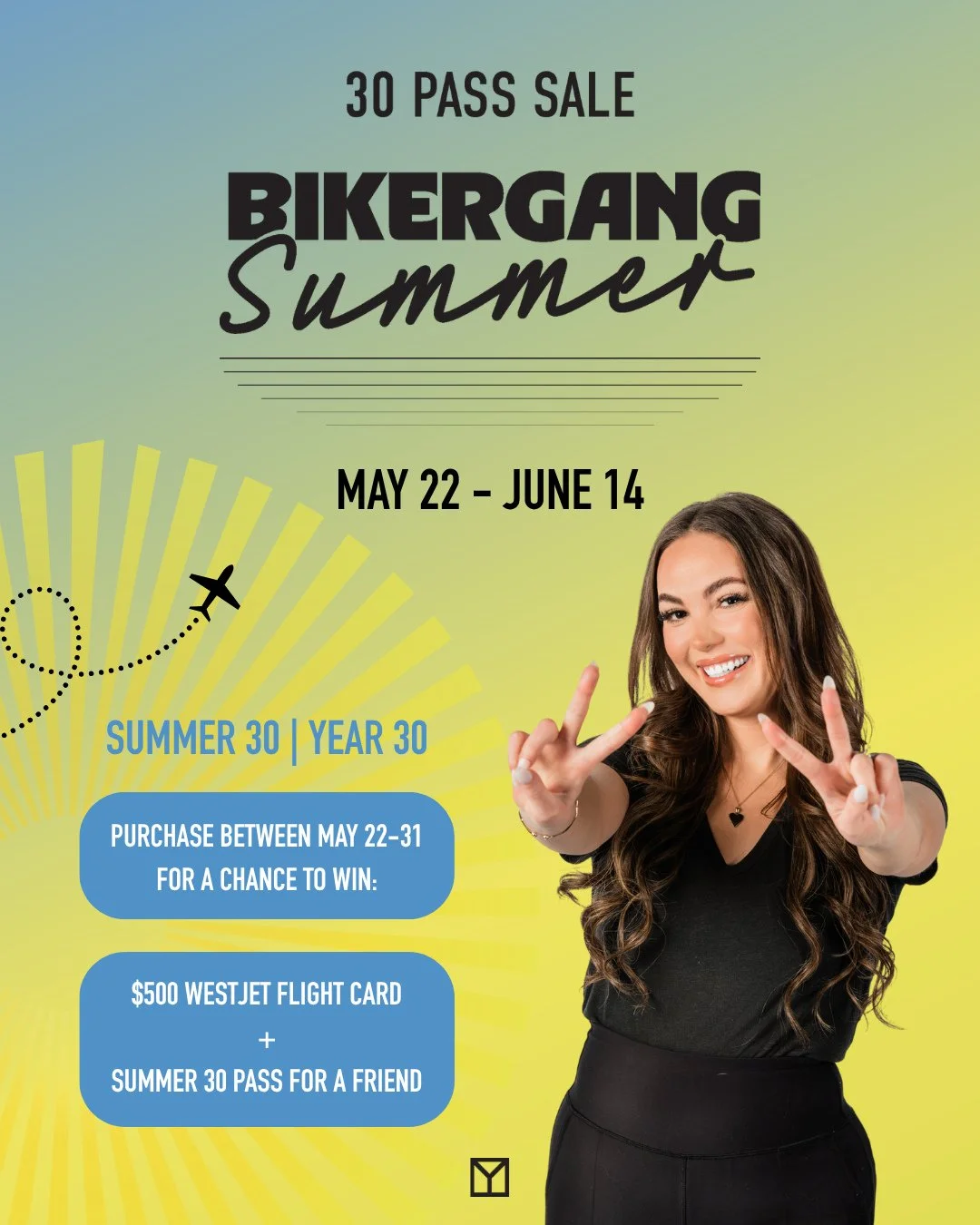 Put your sunnies on 😎 Bikergang Summer 30 Pass is out ☀️⁠
⁠
Purchase one of these pass options between May 22 - June 14 for a chance to win a $500 WestJet Flight Card ✈️ + Summer 30 Pass for a friend!⁠
⁠
💛🏖️ SUMMER 30 PASS 🏖️💛 - $540 - $18.00/cl