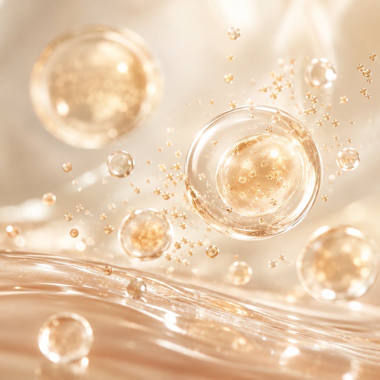 Close-up of glowing bubbles in a liquid, with a creamy beige background and shimmering reflections.