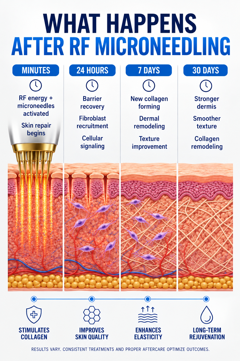 Diagram explaining the effects of RF microneedling on skin over time, showing increased collagen, skin repair, and firmness at different intervals.