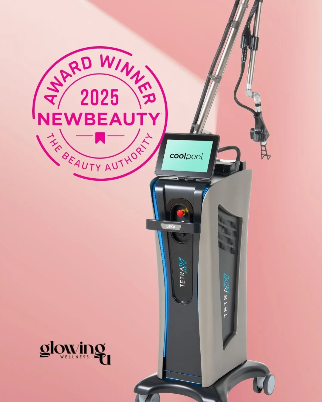 Close-up of a medical skin treatment device labeled 'TETRA PRO' with a small screen displaying 'coolpeel.' A pink circular badge with the text 'Award Winner 2025 NewBeauty The Beauty Authority' overlays the image, and the 'glowing wellness' logo appears at the bottom left corner, all set against a pink background.
