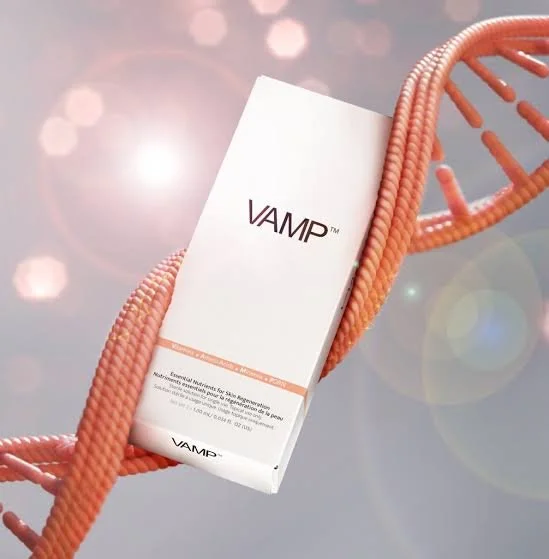 A white box labeled 'VAMP' intertwined with a double helix DNA strand, set against a soft, glowing background.