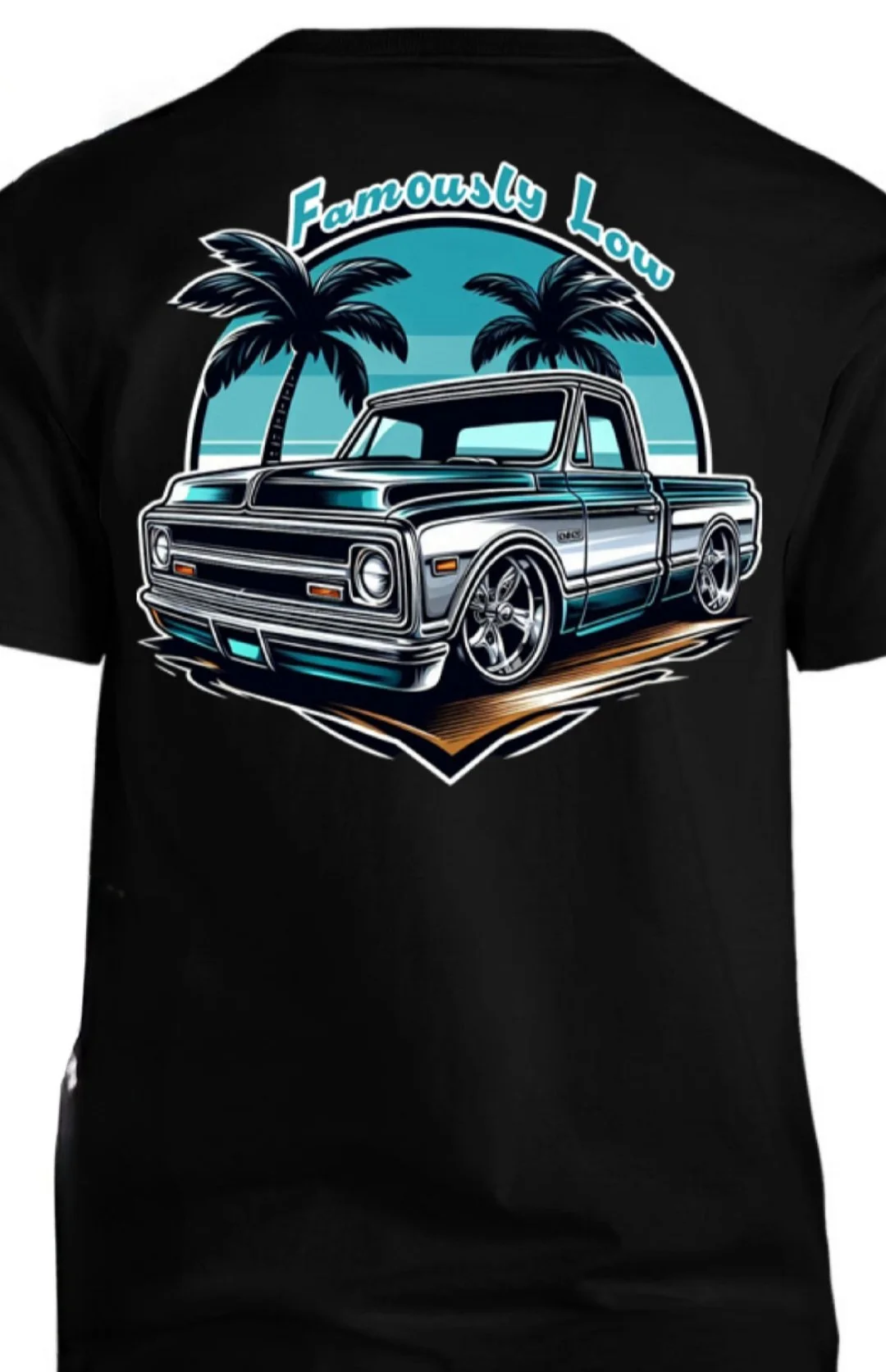 Black T-shirt with graphic of a vintage pickup truck, two palm trees, and the words "FamousLy Low" in blue above the design.