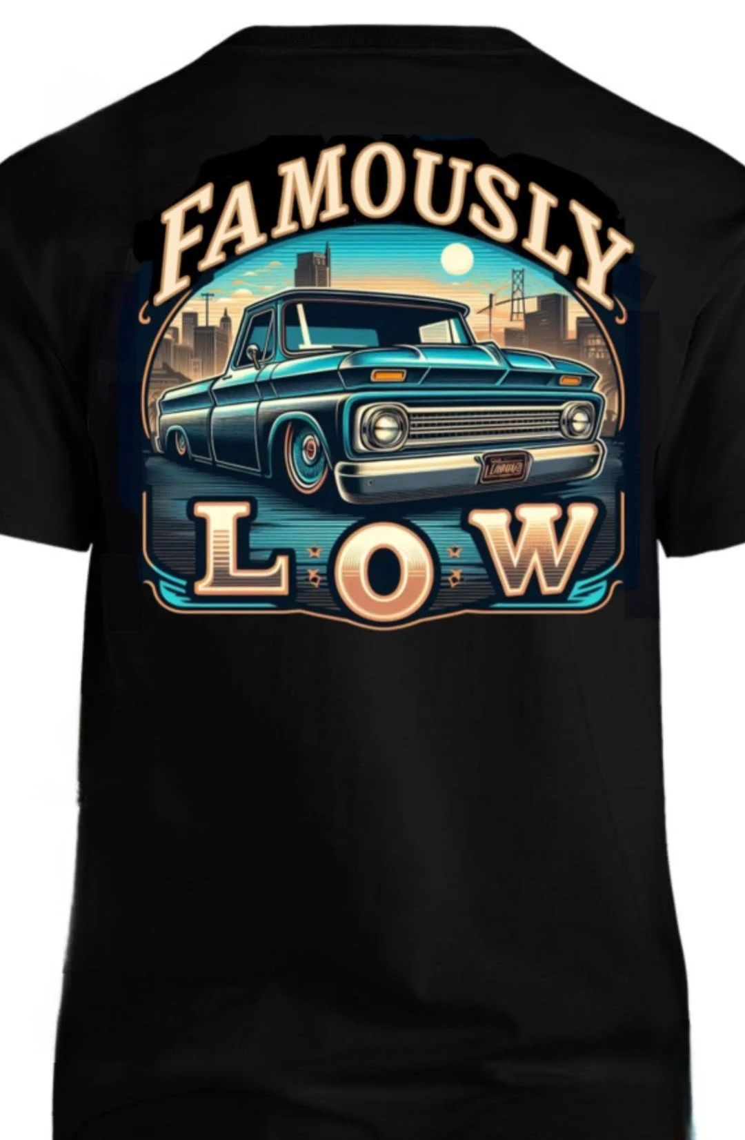 A black T-shirt with a graphic design of a vintage car and the words 'Famous Only Low' in bold letters.