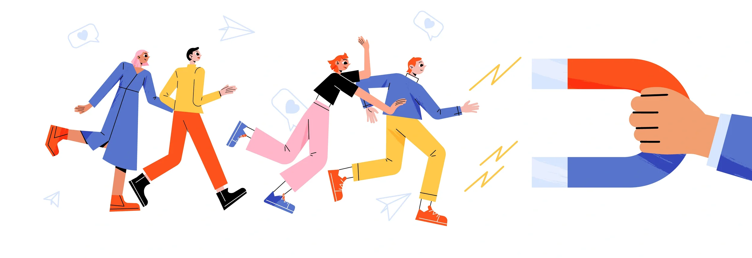 Illustration of a large horseshoe magnet attracting people, symbolizing SEO for family law firms, client acquisition, lead generation, and online visibility growth.