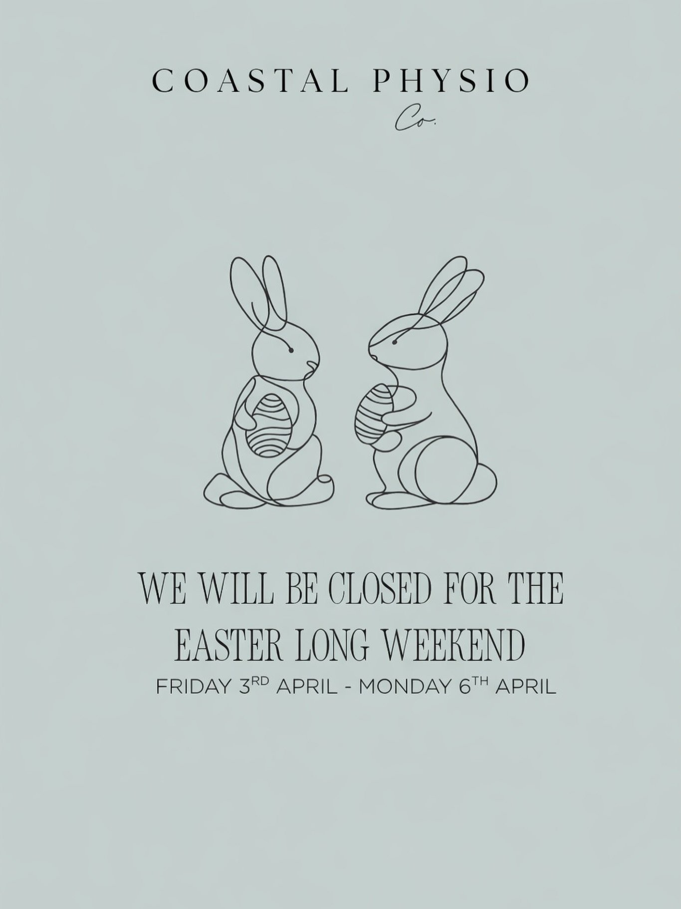 HAPPY EASTER 🐇 We hope everyone has a beautiful long weekend filled with good vibes, good food and good company. 

See you back in clinic from next Tuesday April 7th. 
Love Chelsea, Kate &amp; Paiton xxx

#coastalphysioco #physionoosa #physioperegia