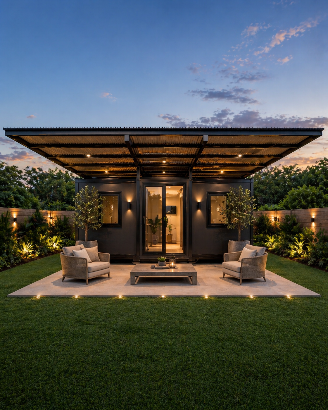 Modern tiny house with an outdoor patio, two chairs, a coffee table, potted trees, and landscaped lighting, during sunset.