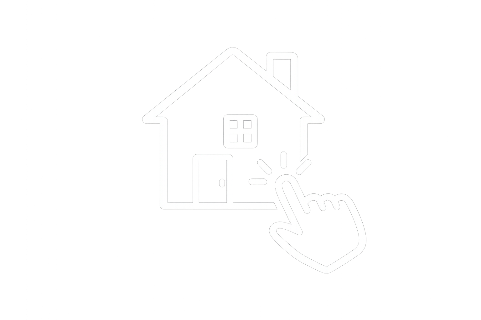 Outline of a house with a hand clicking a button, glowing effect on a gray background.