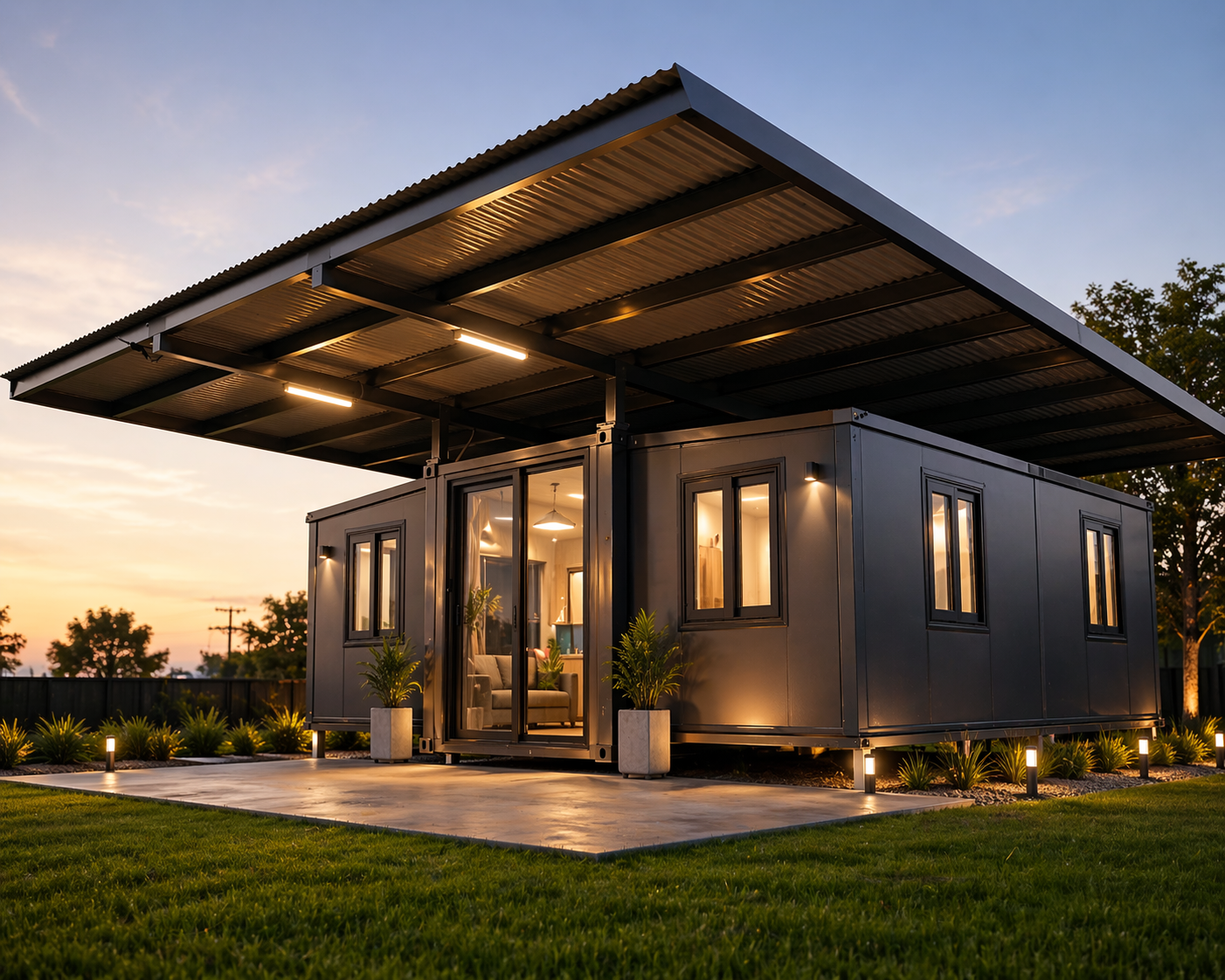 Modern tiny house with a large metal roof extension, surrounded by landscaped grass and plants, illuminated interior at dusk.