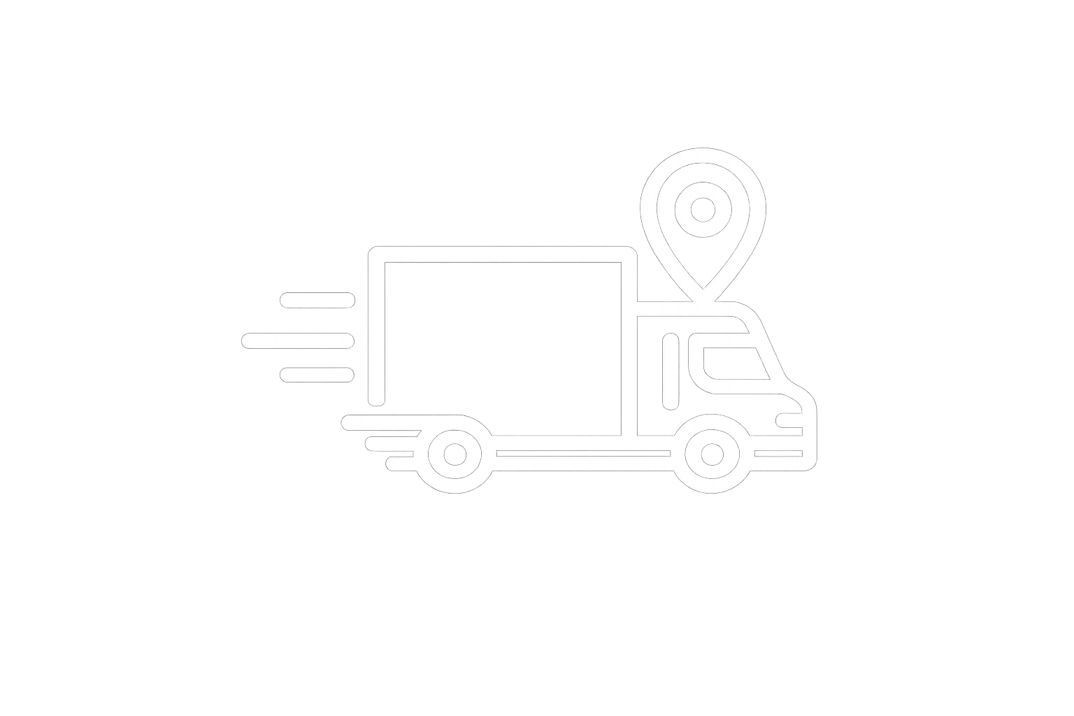 White outline of a delivery truck with speed lines and a location pin on top, on a black background.