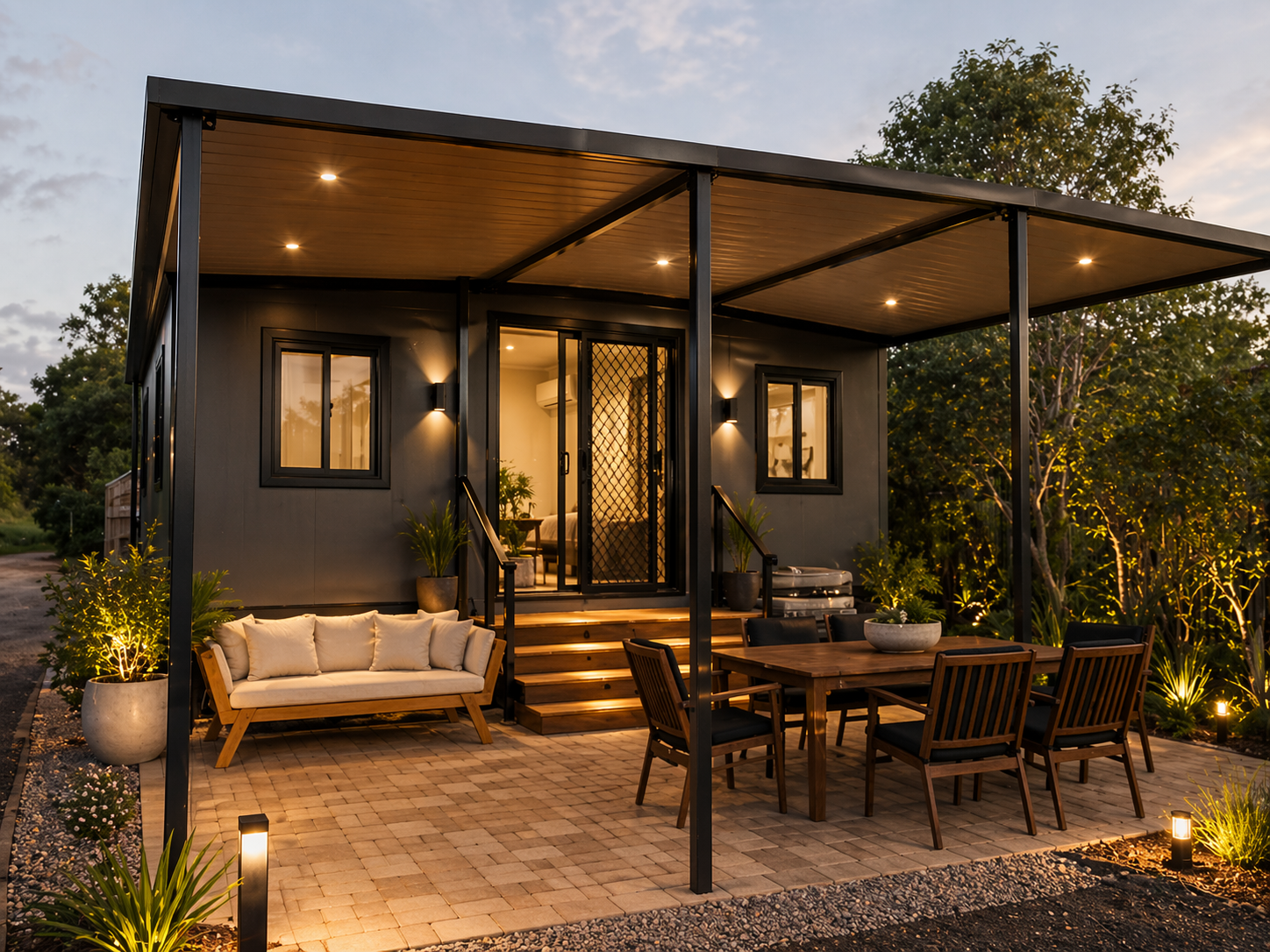 A modern house with a covered porch, outdoor seating, garden lights, and trees during dusk.
