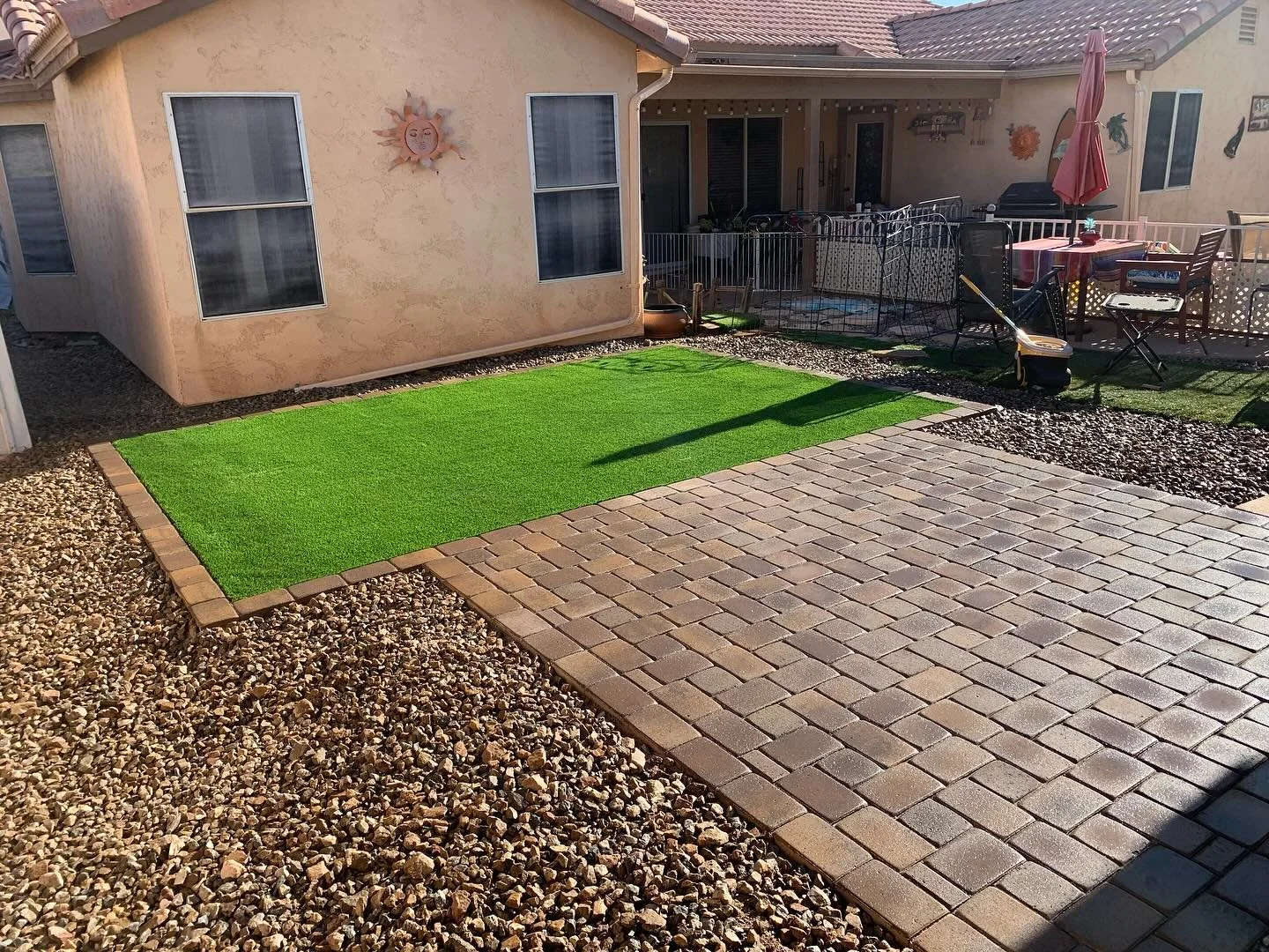 Small project, big impact 💪 We added a 10x10 paver patio and a 15x10 piece of artificial turf to bring this backyard to life! Perfect little setup for relaxing or entertaining. No job too small &mdash; we take pride in every project.

#BackyardUpgra