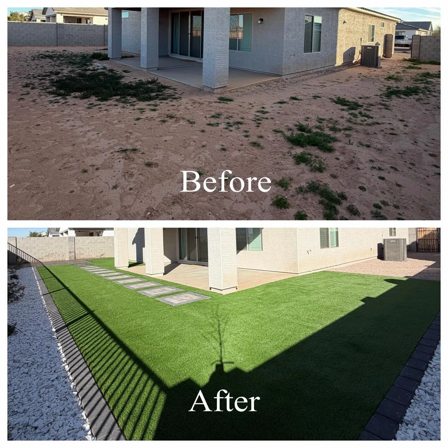 From dusty to dreamy. ☁️🏡 Another transformation in the books for a great family here in Casa Grande!
We combined sleek pavers with lush synthetic turf and custom desert plantings to create the ultimate low-maintenance backyard. Swipe to see the &ld