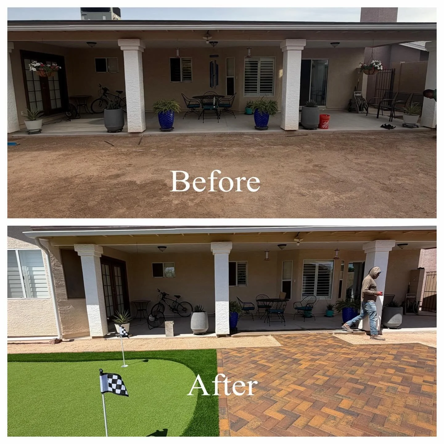 Backyard transformation 🔥
We installed a custom herringbone paver patio using Native Blend from Phoenix Pavers, paired with a putting green built for real play.
Tour Pro turf on the green with Sierra Blend Pro fringe from Turf Hub for that clean, na