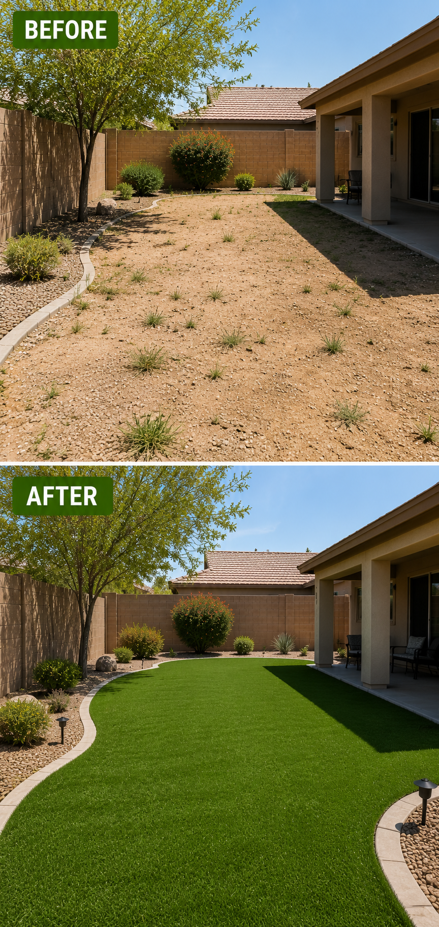 Before and after artificial turf installation in a residential backyard in Casa Grande, AZ