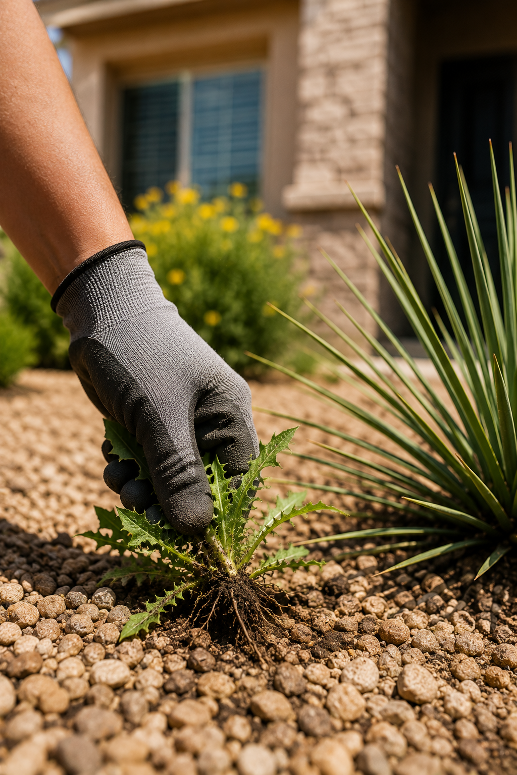 Hand removing weeds from gravel landscaping at a residential property in Casa Grande, AZ