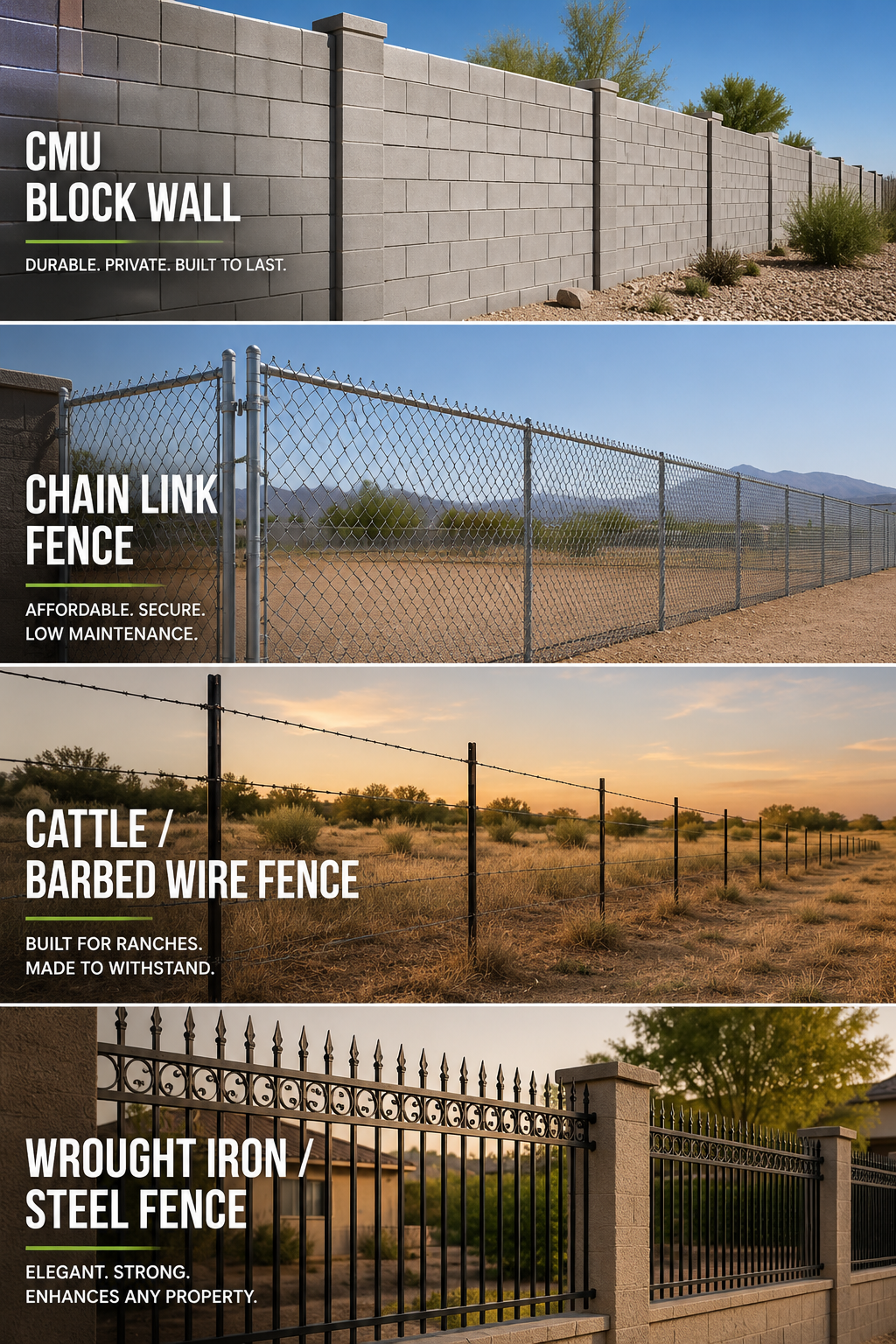 Block wall, chain link, cattle fence, and wrought iron fence installation in Casa Grande, AZ