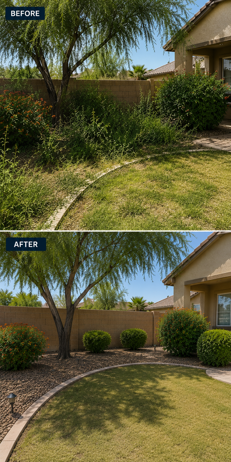 Before and after backyard landscape cleanup featuring trimmed bushes, decorative rock, and improved curb appeal in Casa Grande, Arizona