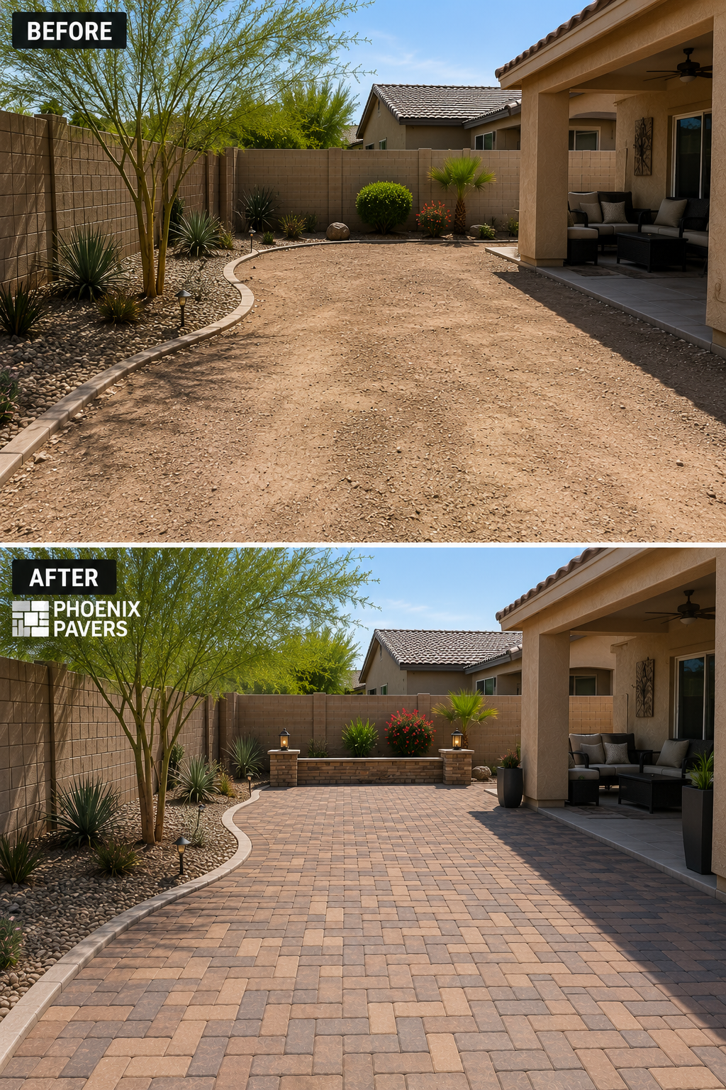 Before and after paver patio installation in a residential backyard in Casa Grande, AZ