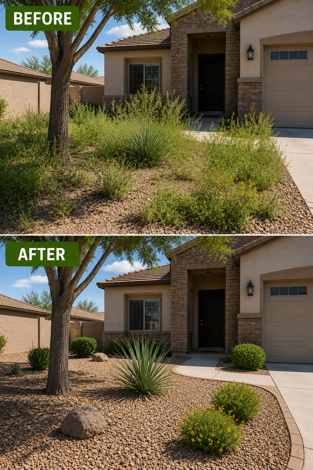 Before and after weed removal and yard cleanup at a residential property in Casa Grande, AZ
