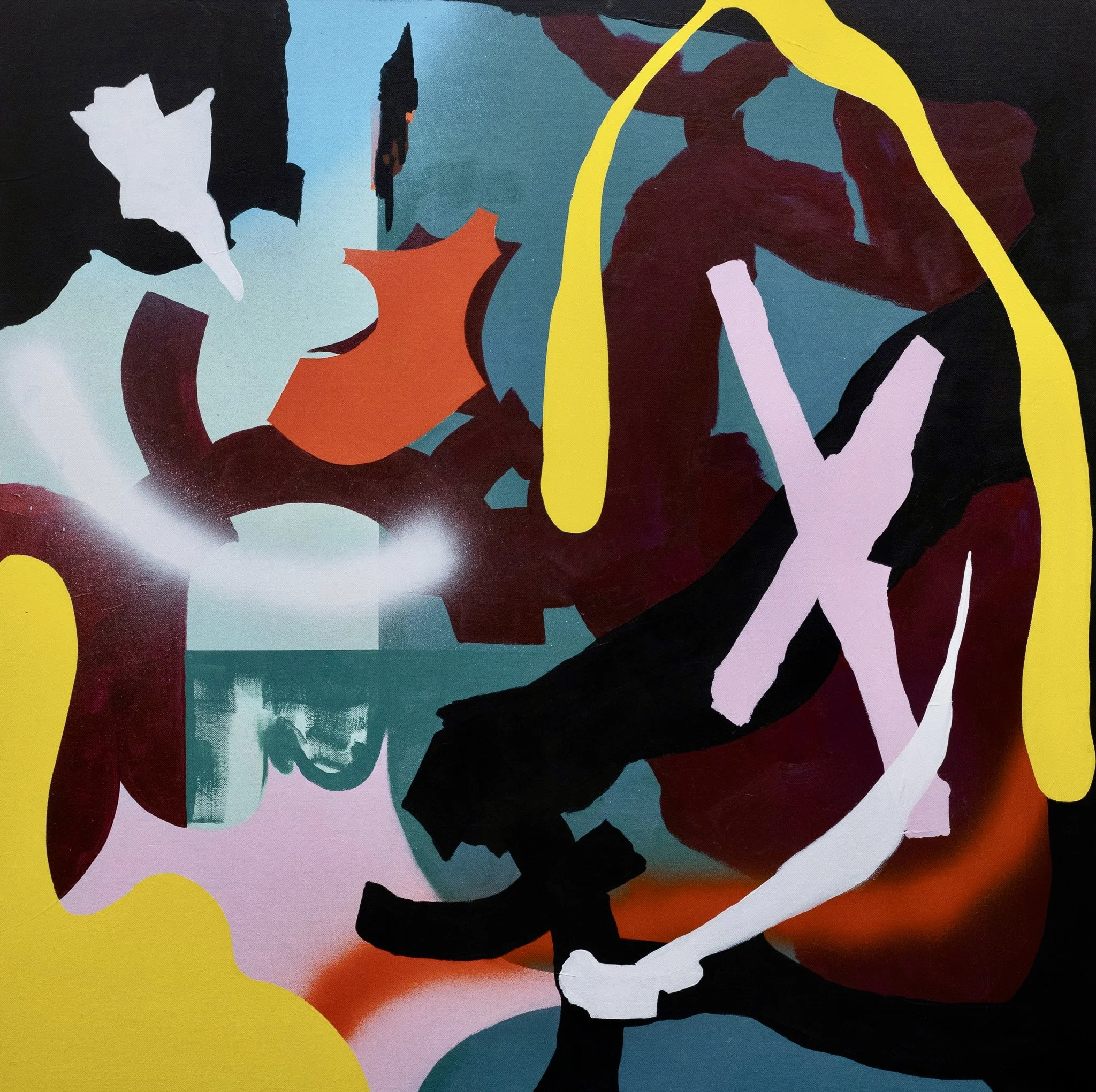 'Spectra of unresolved past and unrealised future', acrylic and spray paint on canvas, 100x100cm, 2024