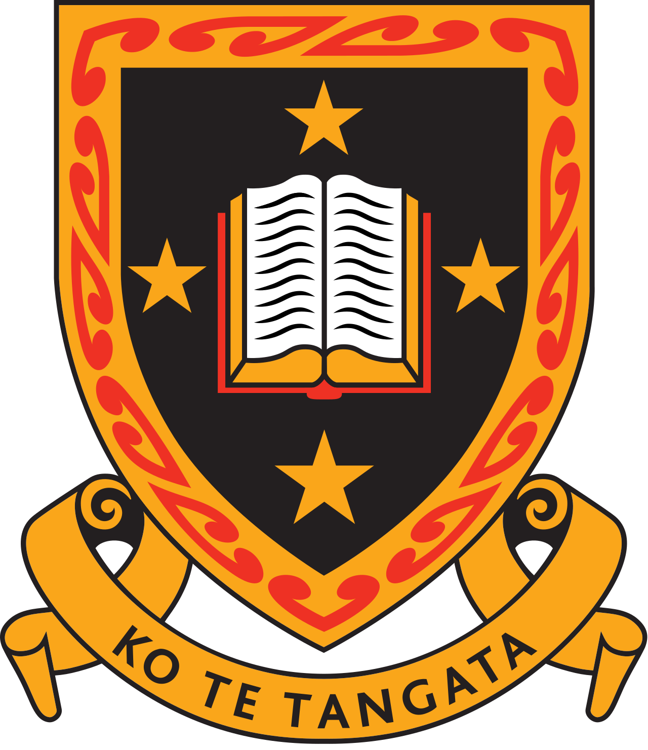 A black shield emblem with a gold and red border, featuring an open book at the center and four gold stars around it. Below the shield, a gold banner reads 'KO TE TANGATA'.