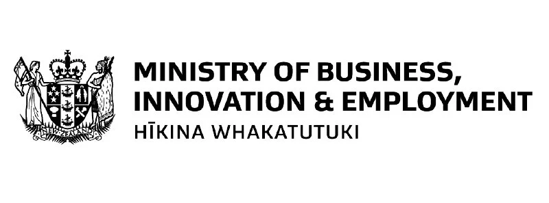Logo of the Ministry of Business, Innovation & Employment, Hikina Whakatutuki, featuring a crest with a crown and figures.