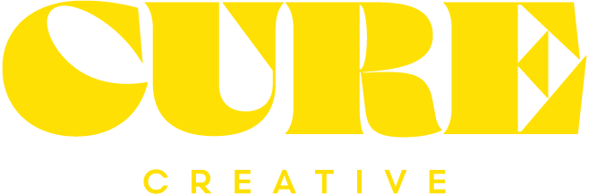 Yellow text spelling 'CURE' with the word 'CREATIVE' underneath on a black background.