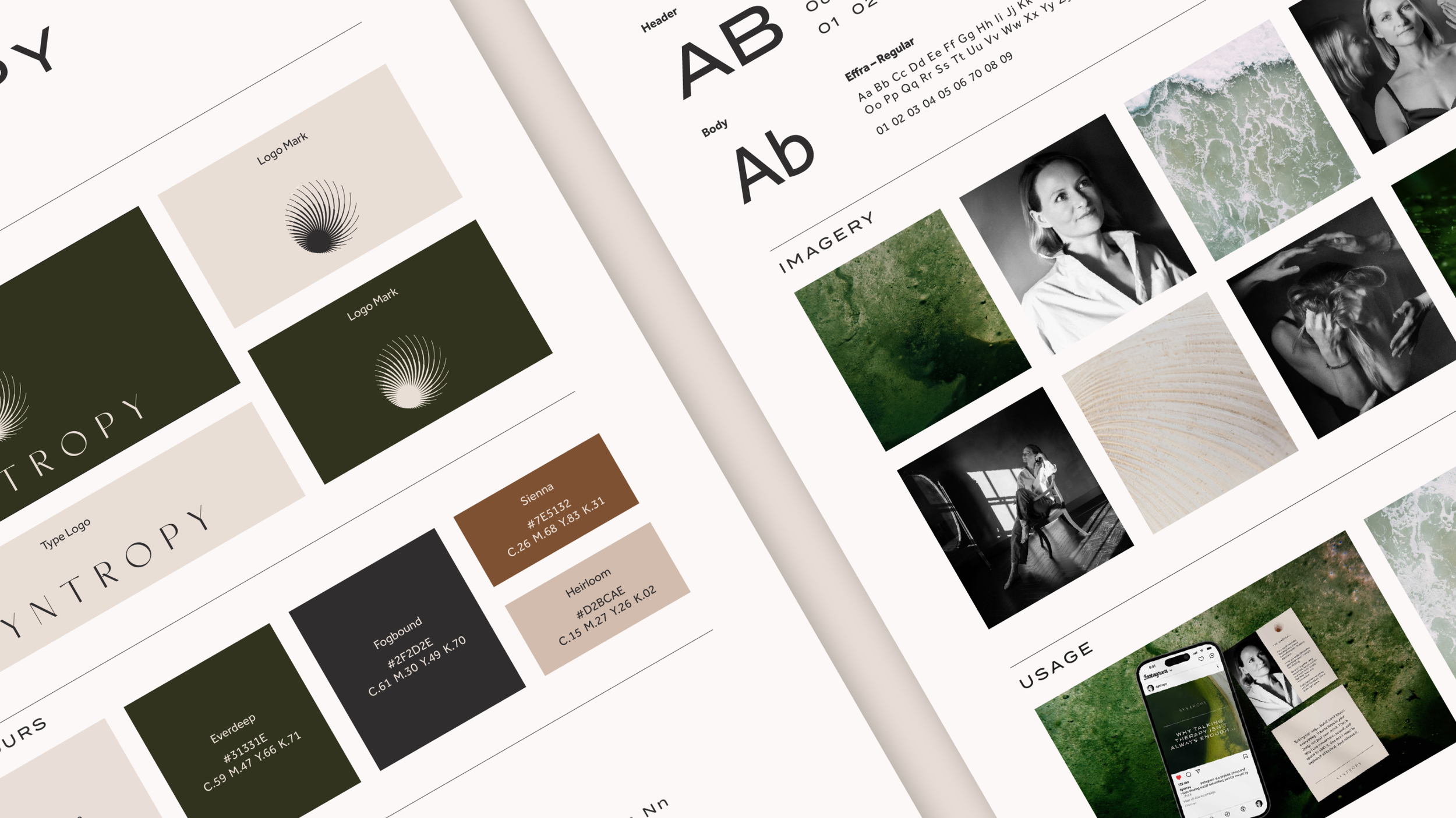 Open magazine spread showing logo design, typography, color palette, and imagery including photos of women, nature scenes, and a mobile phone screen.