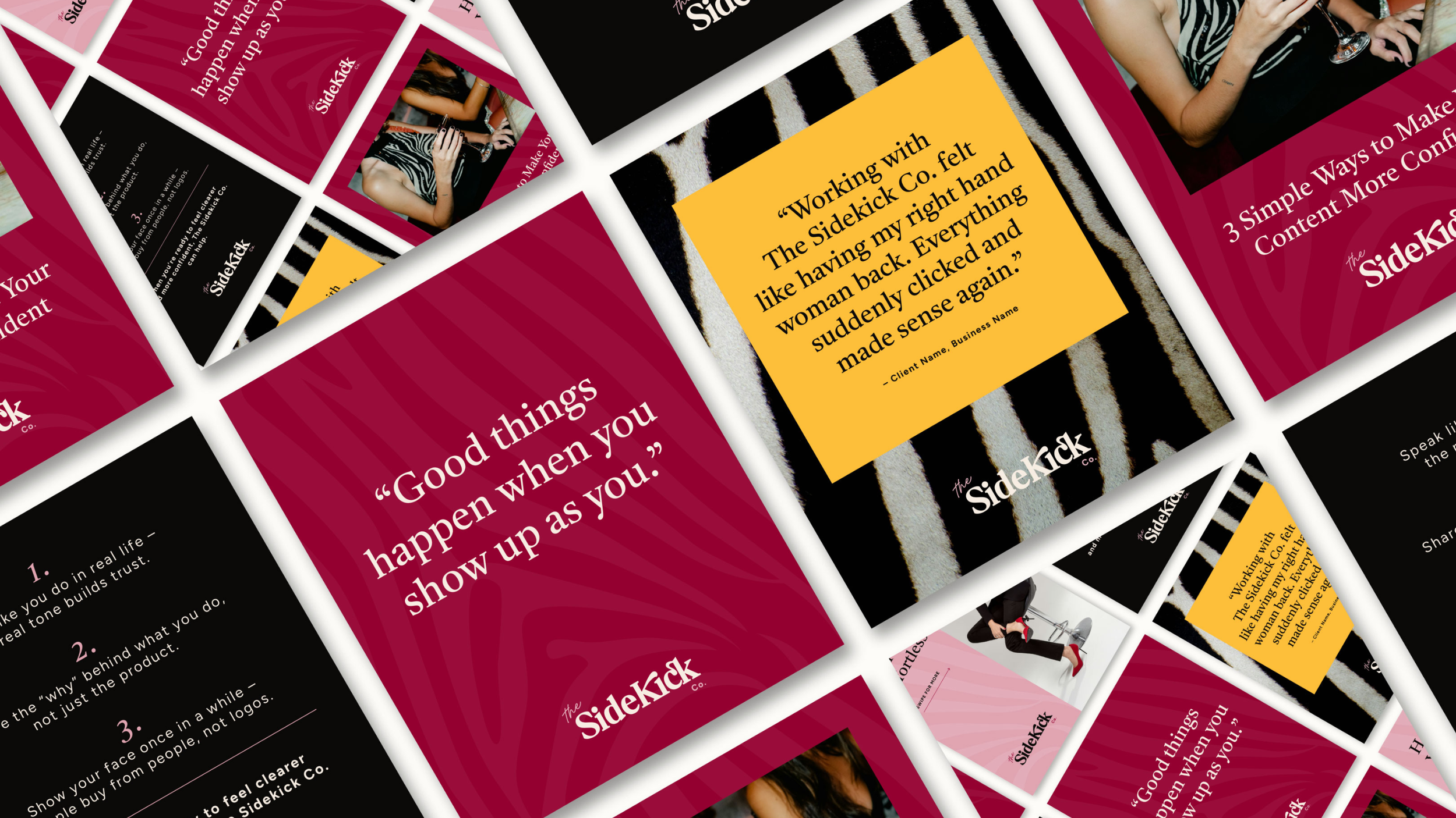 Collage of promotional cards for the Sidekick Co., featuring marketing messages, customer quotes, and a photo of a woman holding a glass of wine.
