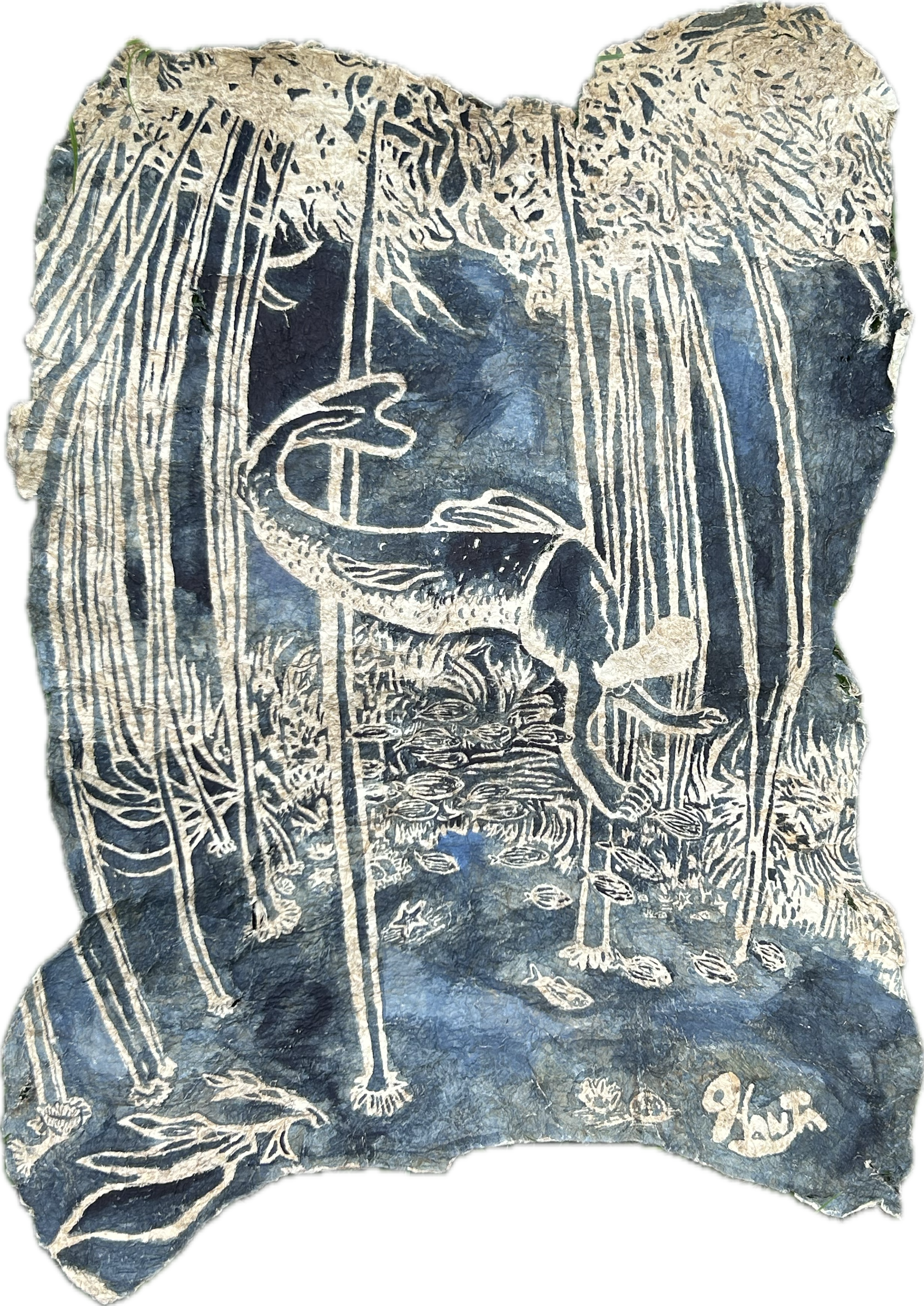 Mermaid’s Harvest- 22" x 16", Natural indigo on traditional Hawaiian Kapa bark cloth