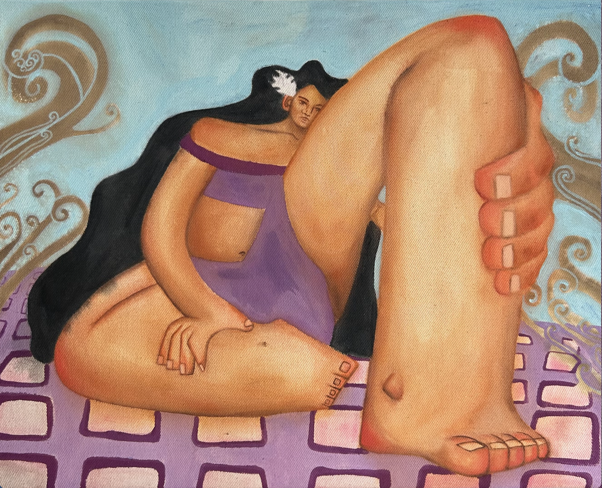 Lu'ae's Muse, 15" x 20", acrylic ink and chalk pastel on recycled cloth