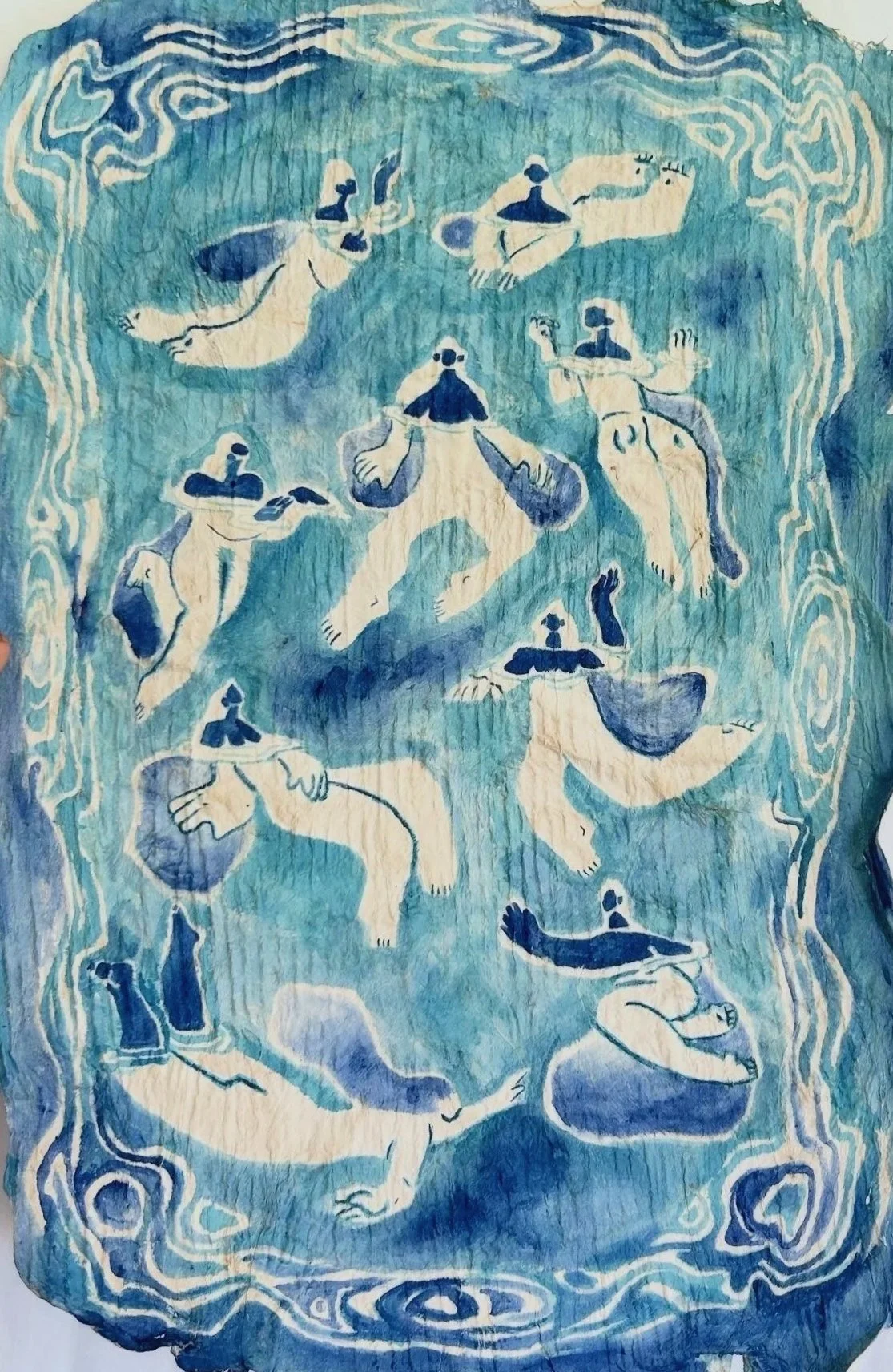 Untethered - 18" x 13", Ink on traditional Kapa bark cloth