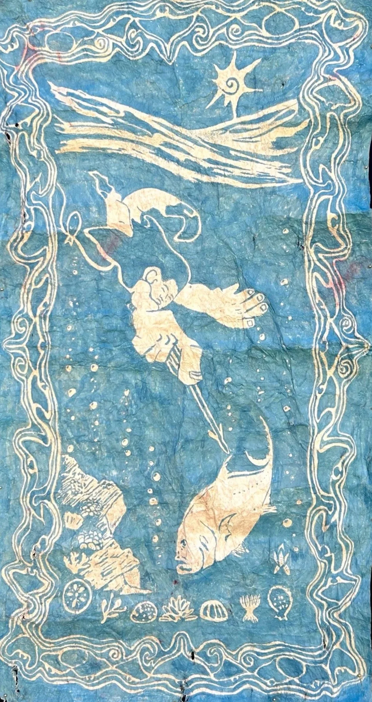 -SOLD- Hahalua - 53”x26” ink on Kapa cloth, hand made frame and velvet backing.