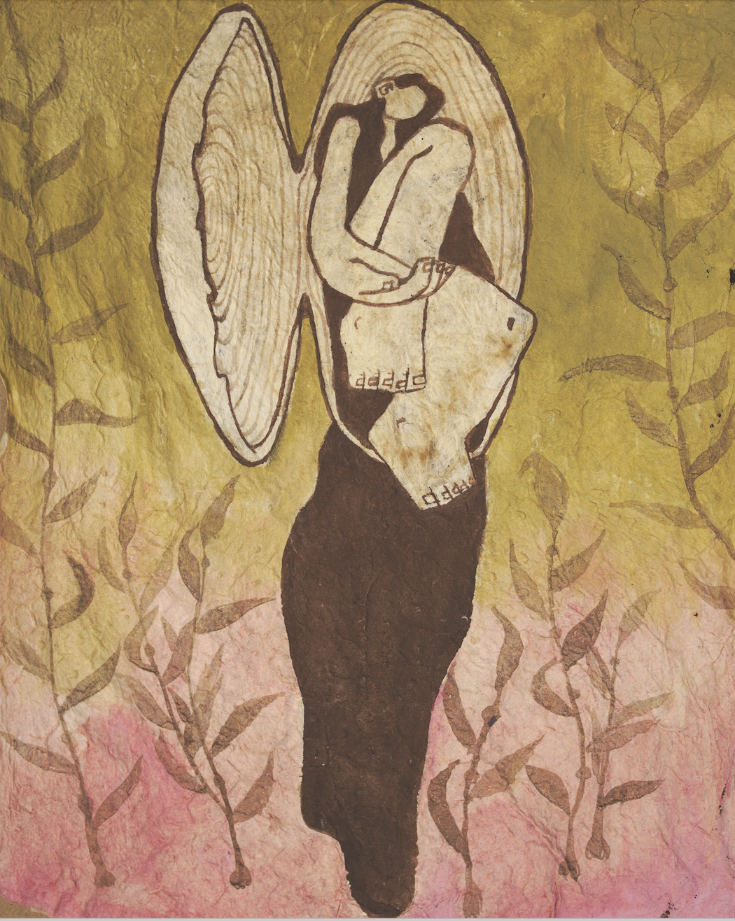 Daughter of the Pearl - 10" x 8", Natural earth pigments and gum-arabic on traditional Hawaiian Kapa bark cloth