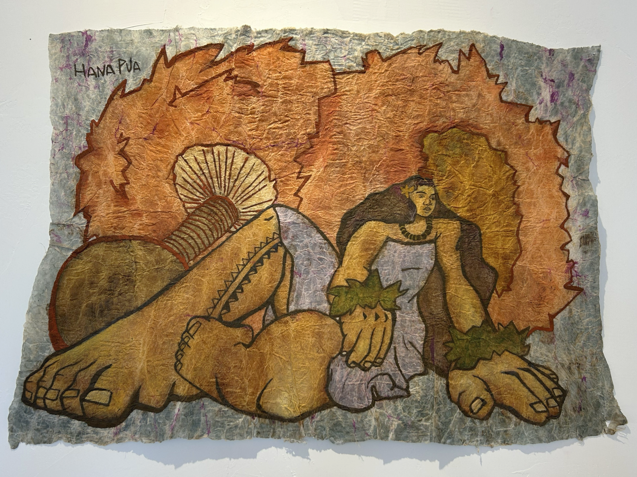 - SOLD - 'Ulī'ulī Wahine, - 26" x 20" natural dye batik and mixed media on kapa