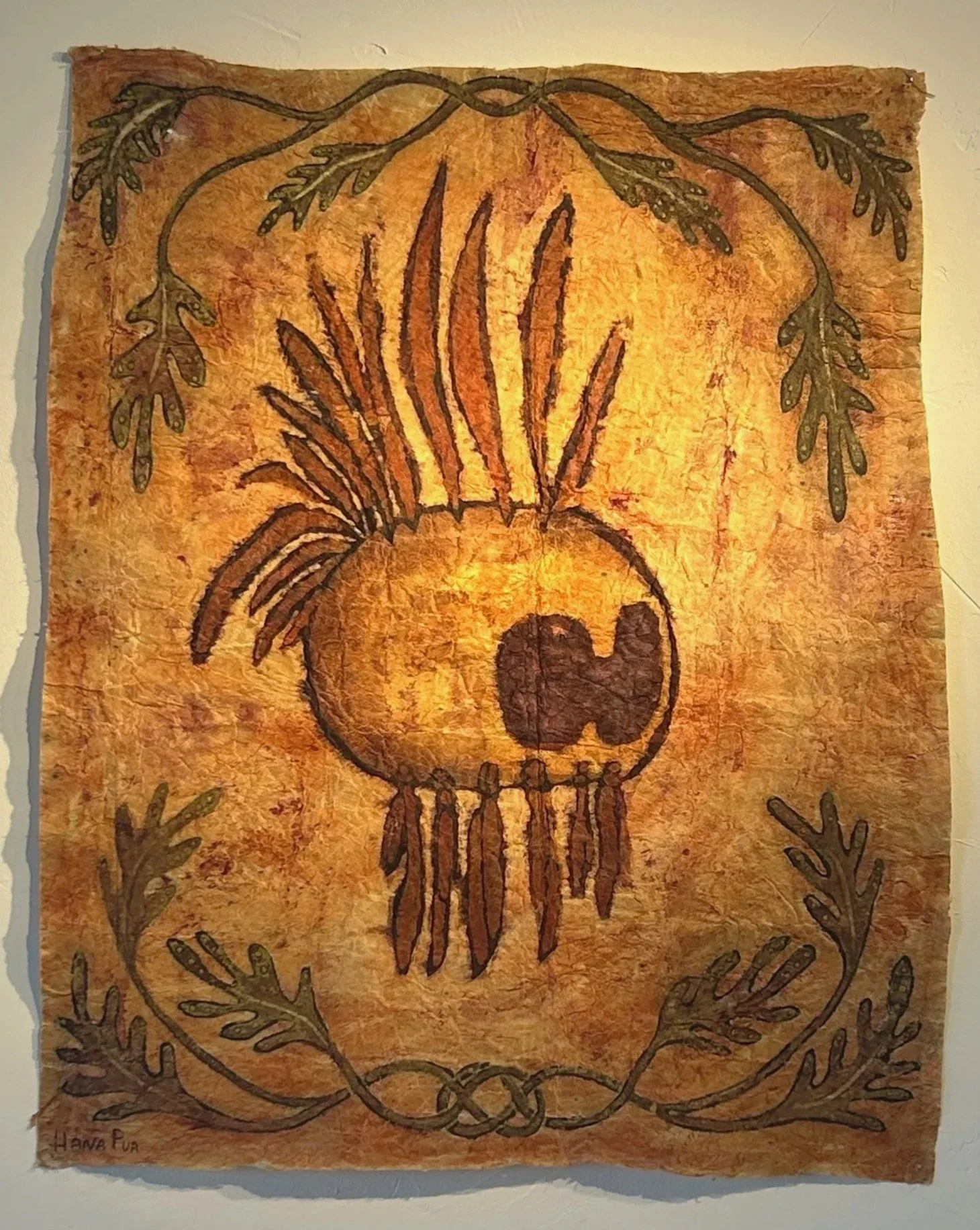 Mākini- 21" x 25" Natural dye batik and mixed media on tapa