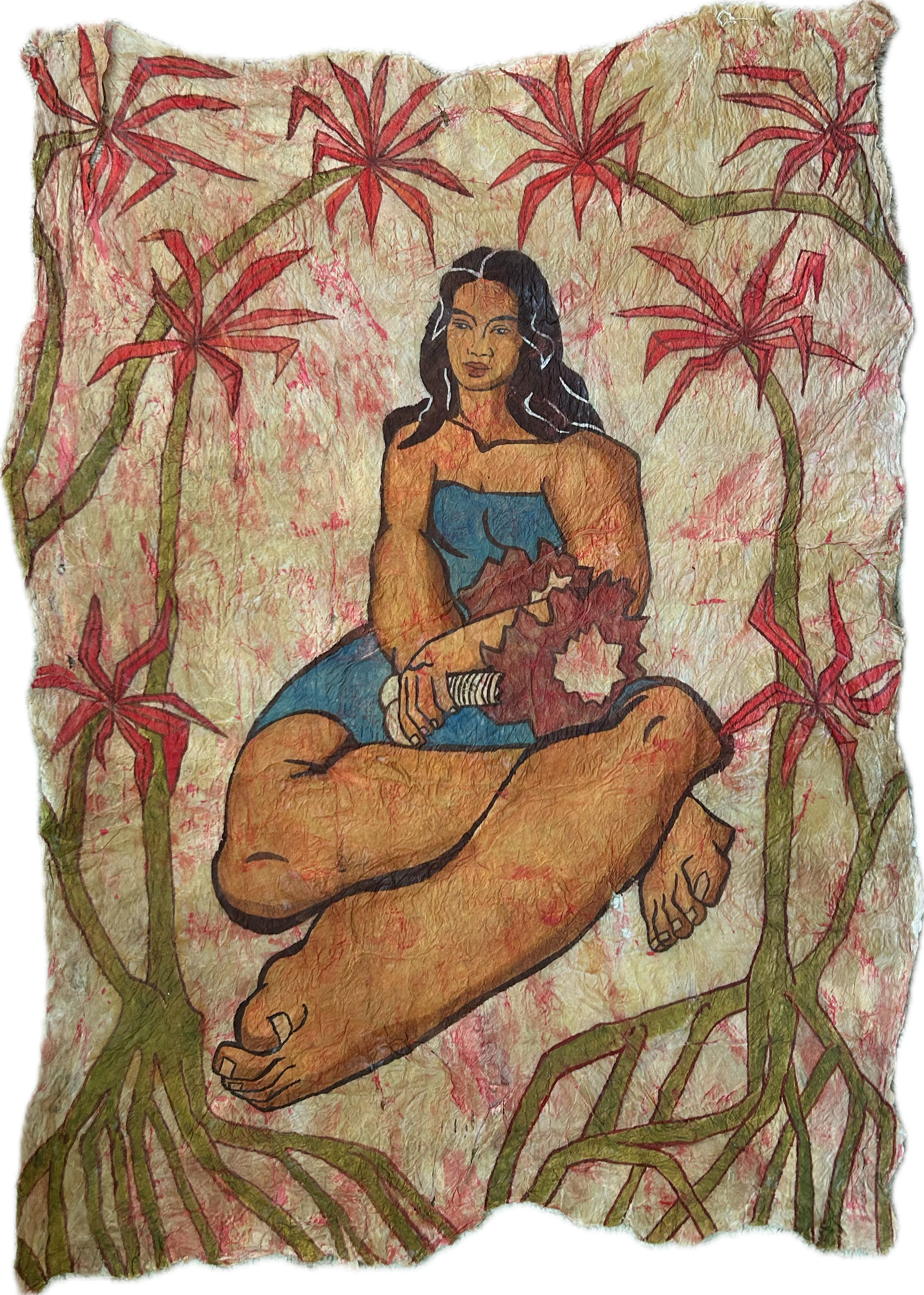 Carmen's Grove - 26.5" x 36" natural dye and watercolor on kapa