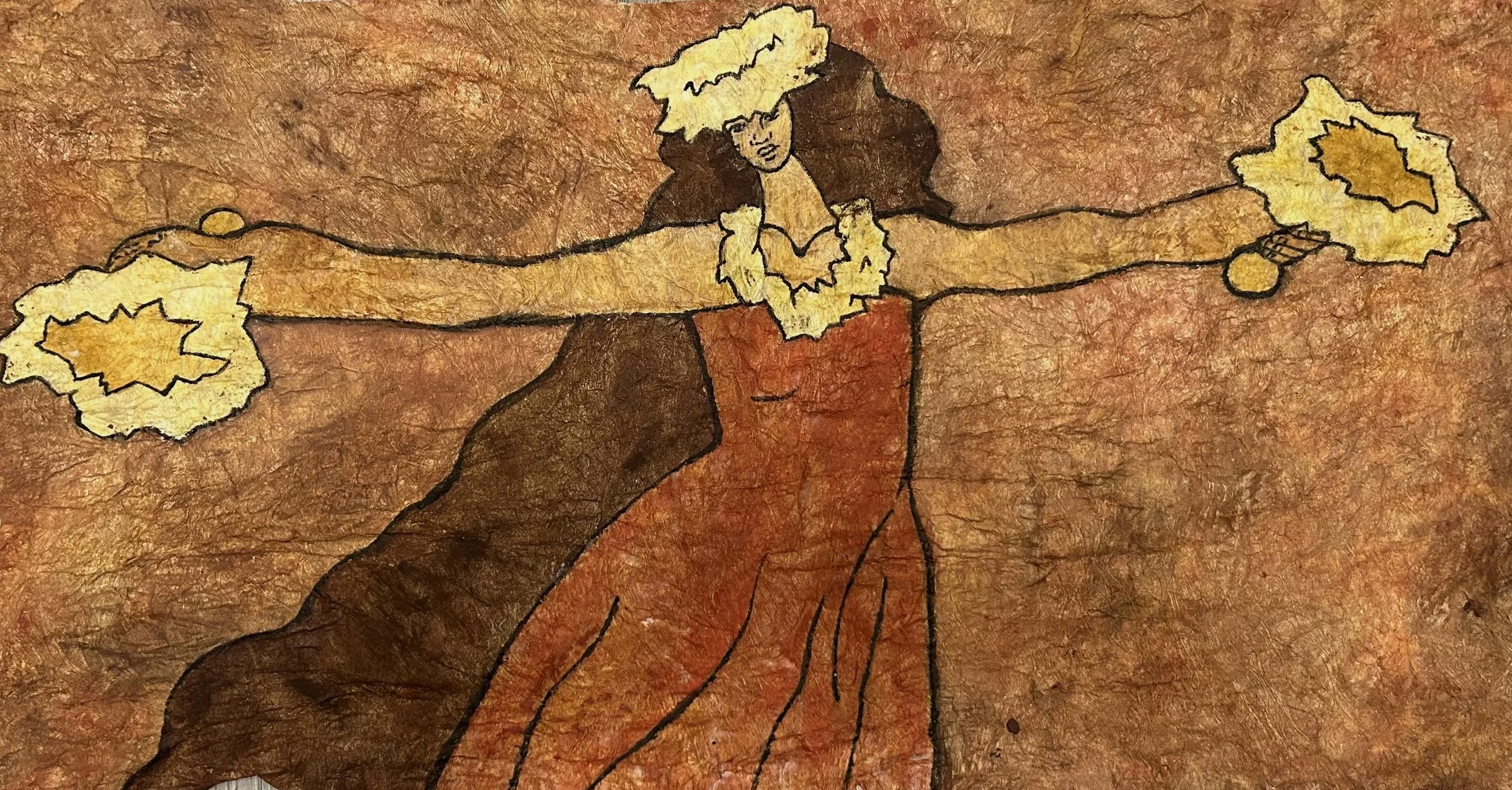 - SOLD - Melemele Feather- 24" x 8.5" Natural dye batik and mixed media on tapa