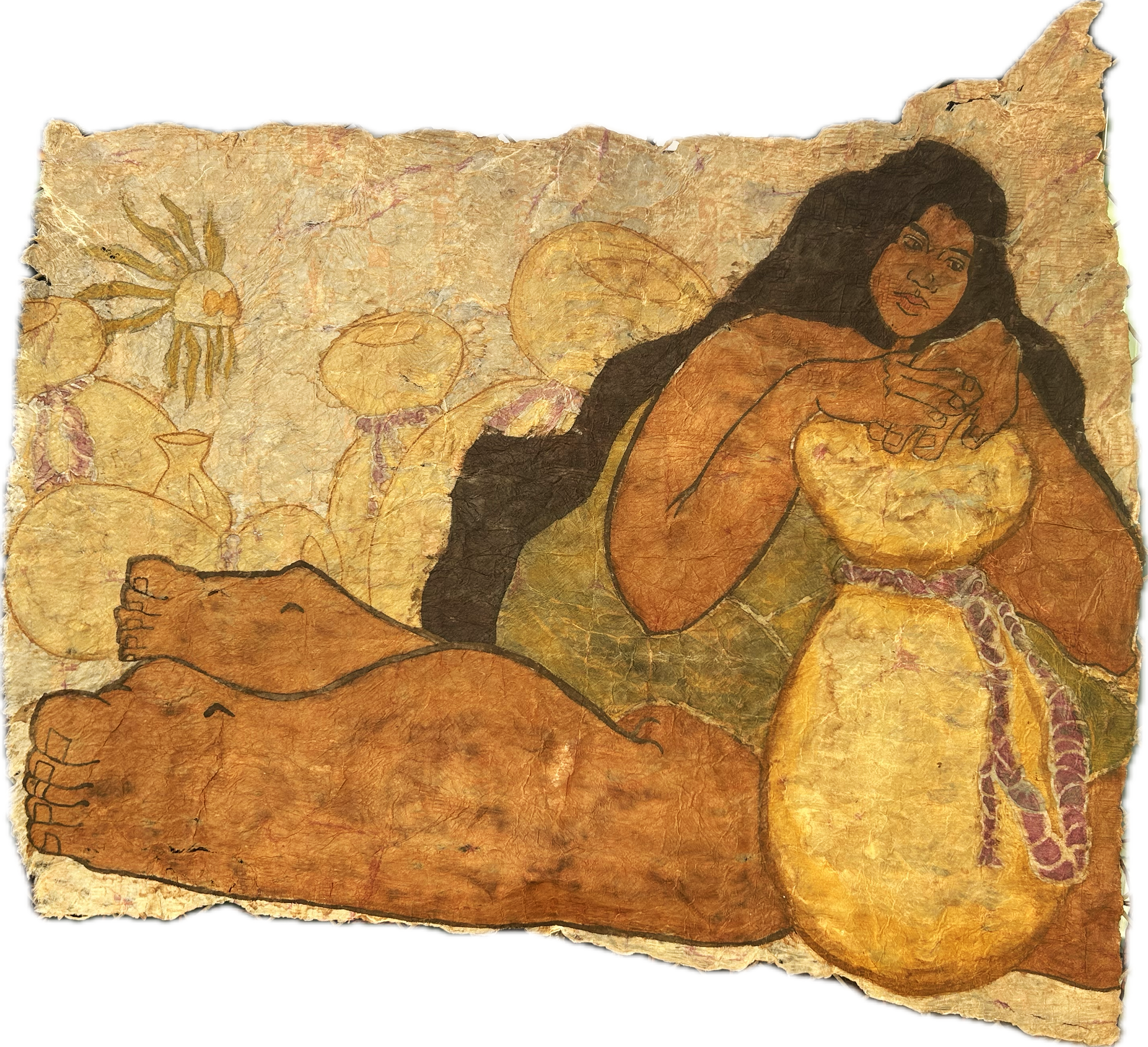 Born Among The 'Ohe - 44" x 40" Natural dye and watercolor batik on kapa