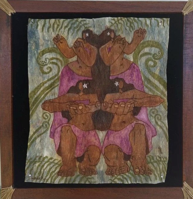 - SOLD - Repetition of Our Story - 13" x 13" Natural dye batik and mixed media on tapa in koa frame
