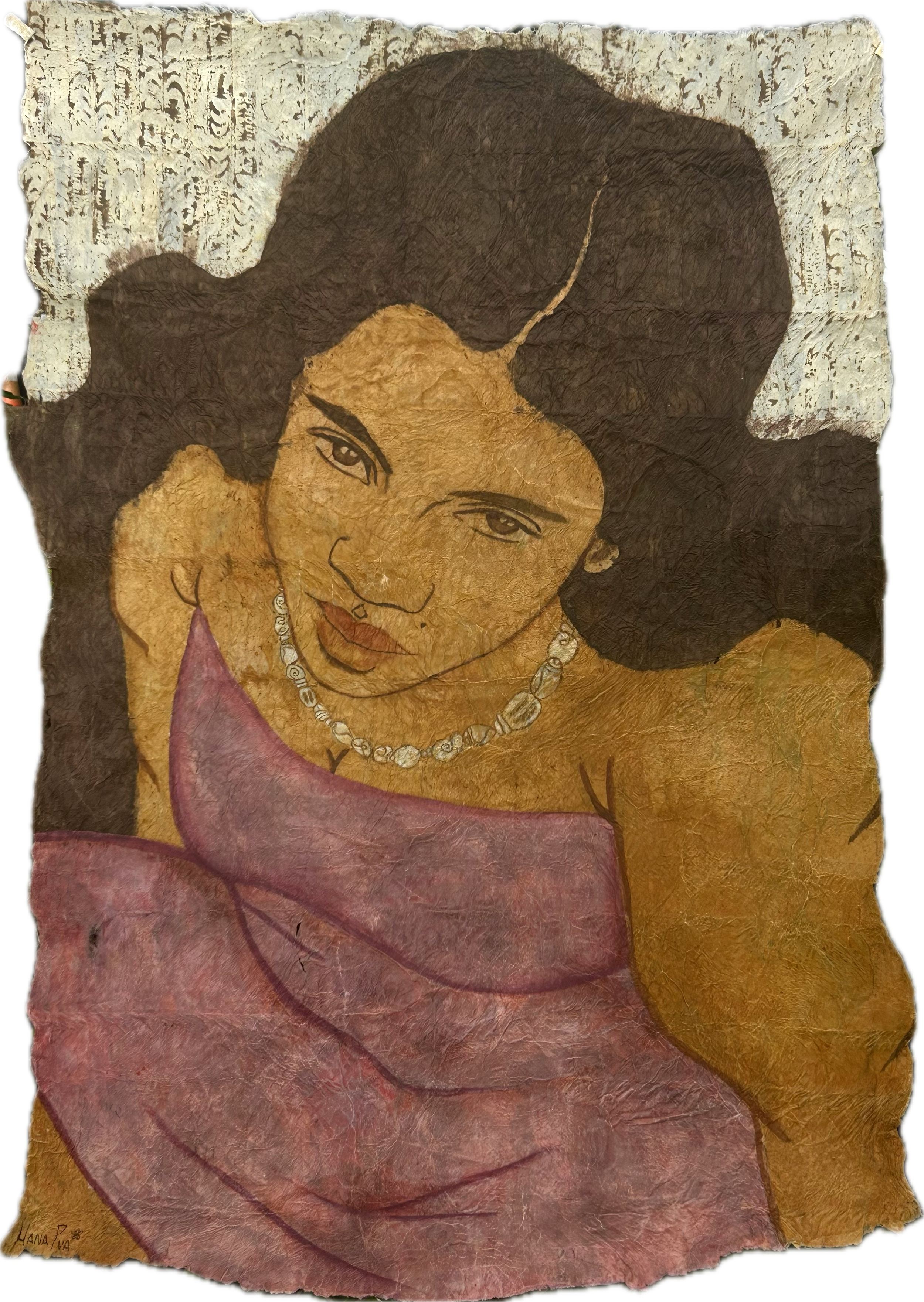 - SOLD - Hoʻowahine -  Natural dye and watercolor batik on kapa