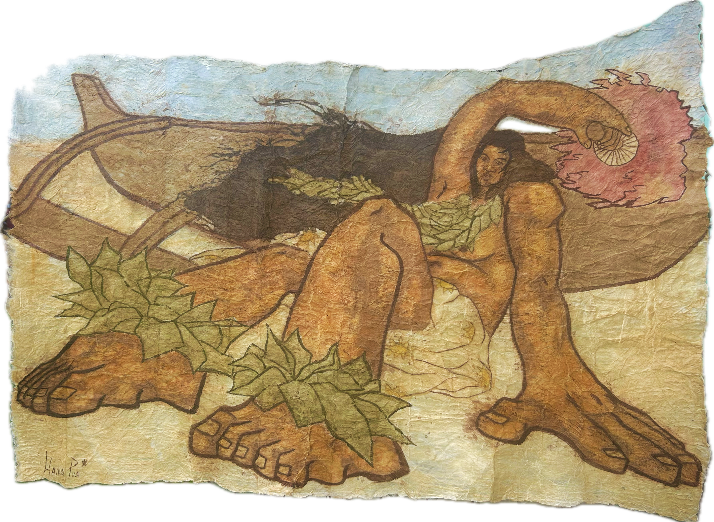 - SOLD - The Sound of Wind - Natural dye and watercolor batik on kapa