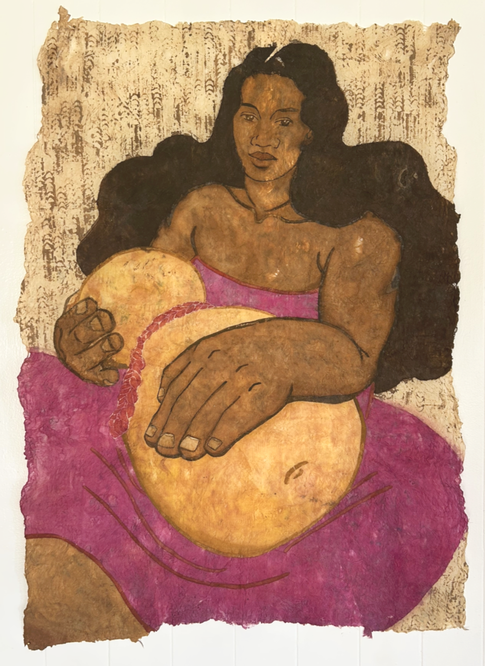 'Makamae- 35" x 50" Natural dye and watercolor on kapa