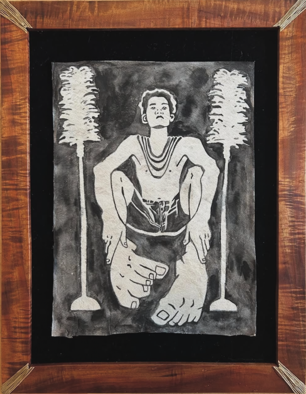 - SOLD - Connection Between - 10" x 13", Ink on traditional tapa barkcloth, hand made frame and velvet backing