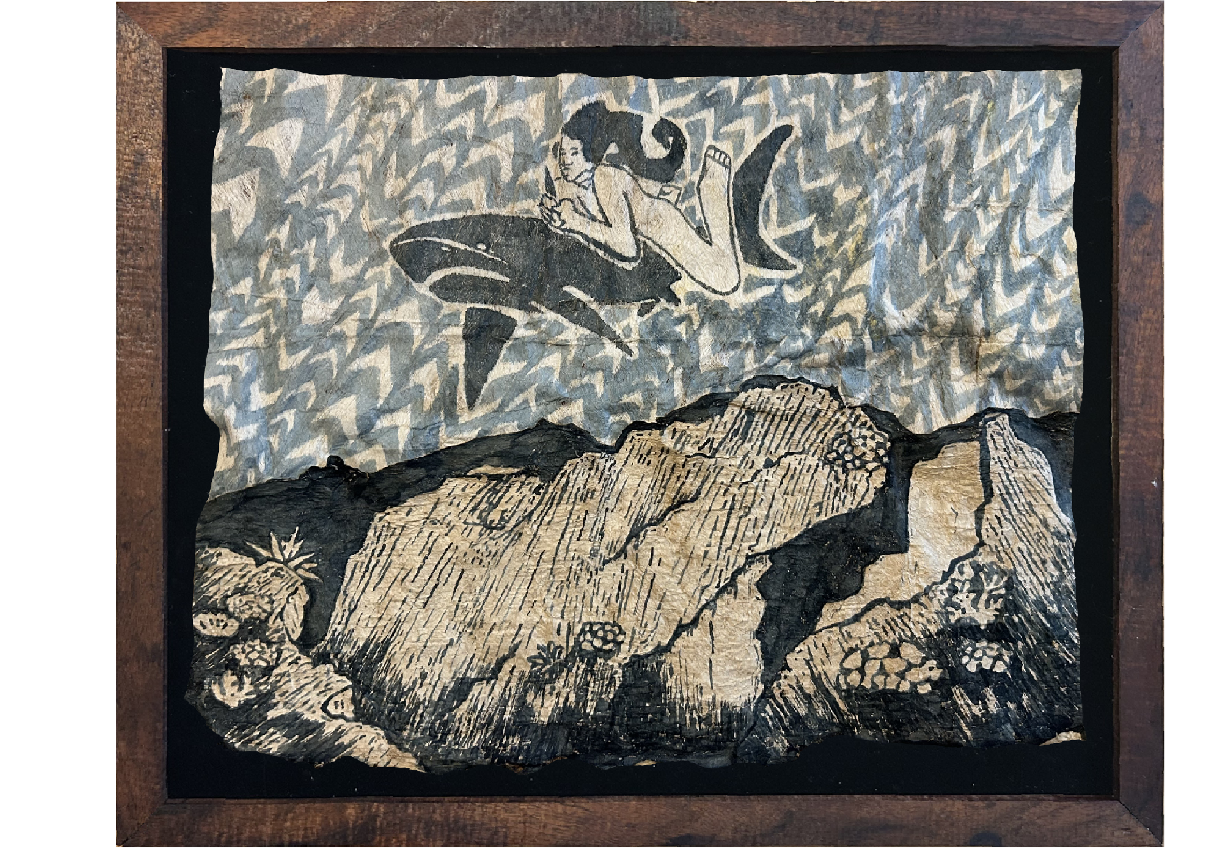 - SOLD - Manō Rider - 18 x 14.5, Indigo dye on Kapa and Tapa