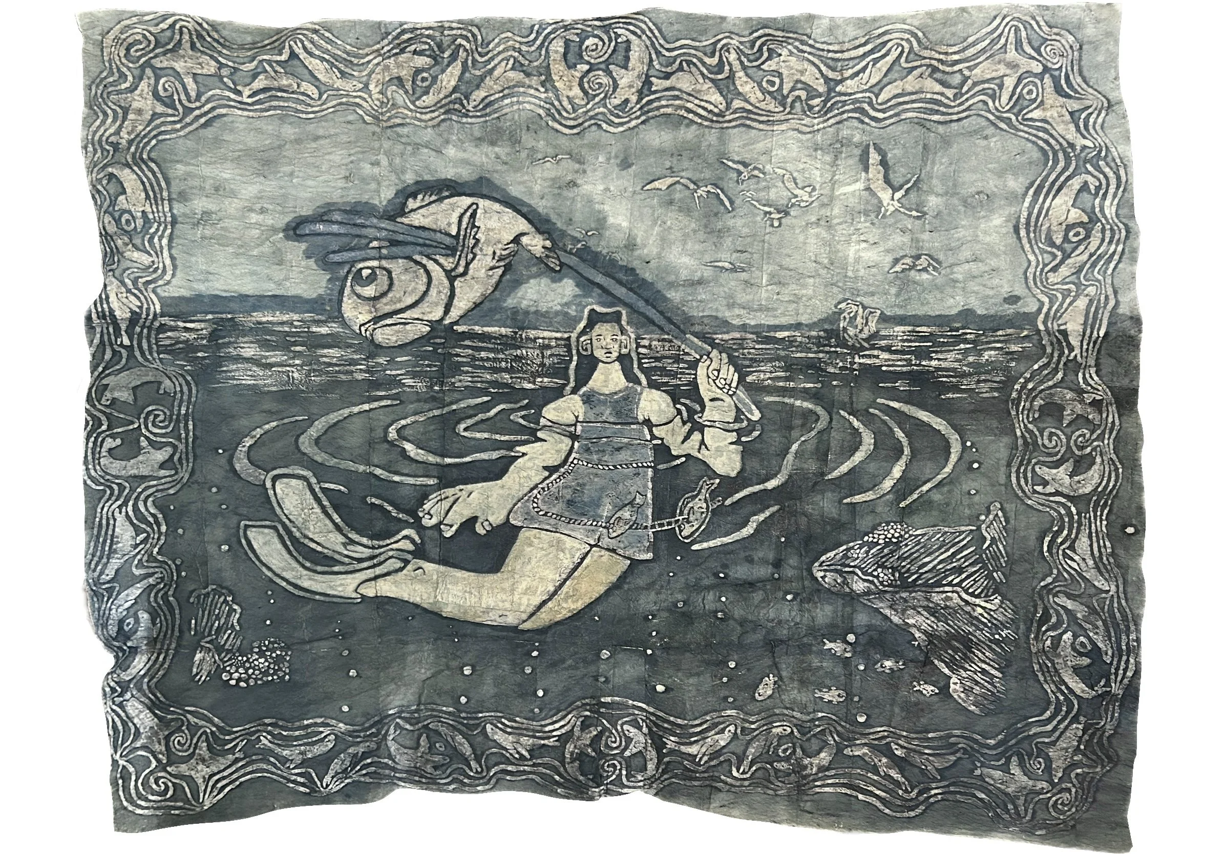 - SOLD - Abundance of Lehua - 46" x 36" Indigo Batik on Tapa