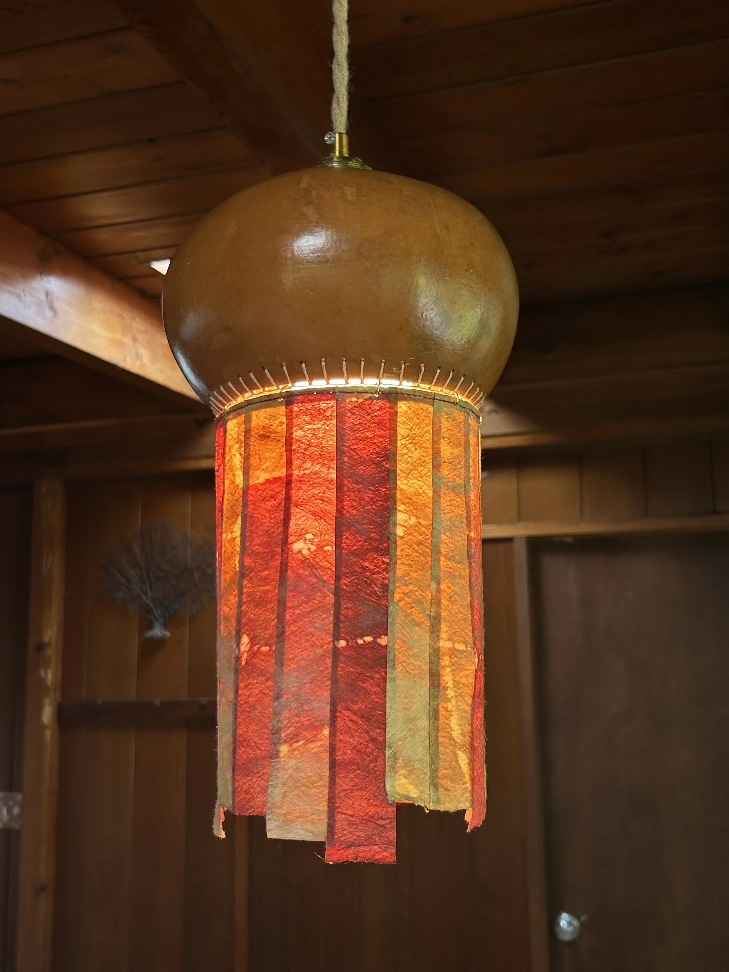 Ipu Lamp- 9" x 20" Naturaly dyed tapa and gourd 