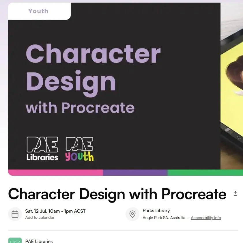 We've got an exciting, in-depth character design workshop this Saturday at Parks Library @pae.youth ! Come learn the fundamentals of character design in Procreate! #workshop #procreate