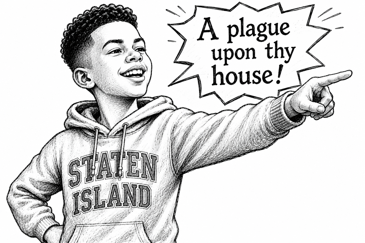 A black and white sketch of a young person smiling with an open mouth, wearing a hoodie that says "STATEN ISLAND," pointing to the right, with a speech bubble that reads "A plague upon thy house!"